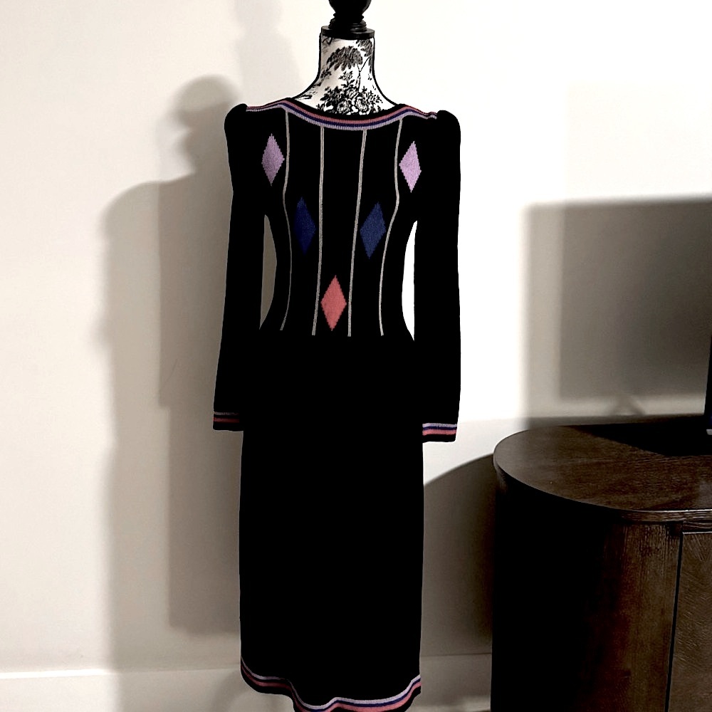 Vintage 80’s Adolfo Diamond Black sweater dress sz 6